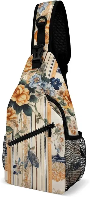 Sling Bag for Women Men Chest Bag Floral Pattern on Fabric Daypack Fanny Pack Cross Body Bag for Traveling