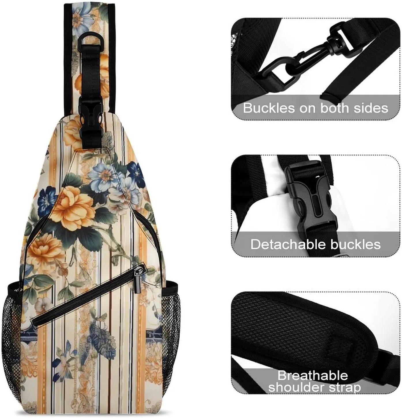 Sling Bag for Women Men Chest Bag Floral Pattern on Fabric Daypack Fanny Pack Cross Body Bag for Traveling