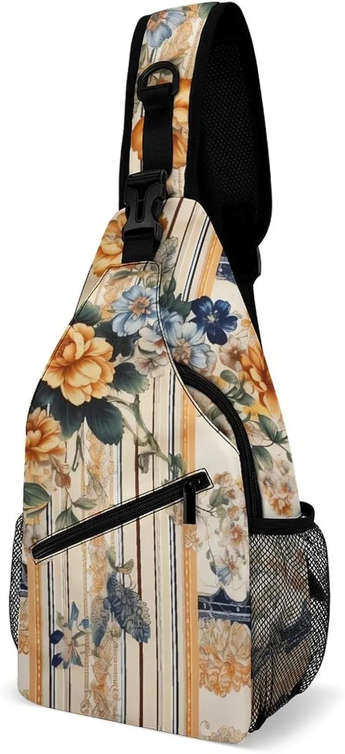 Sling Bag for Women Men Chest Bag Floral Pattern on Fabric Daypack Fanny Pack Cross Body Bag for Traveling