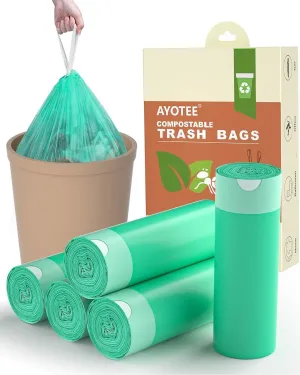 Small Compost Bags 1.2 Gallon 125 Count, AYOTEE Drawstring Mini Trash Bag, Strong Compostable Trash Bags Small Bathroom Trash Bags for Home Kitchen Office Fit 4.5-5 Liter Trash Can, 1-1.5 Gal