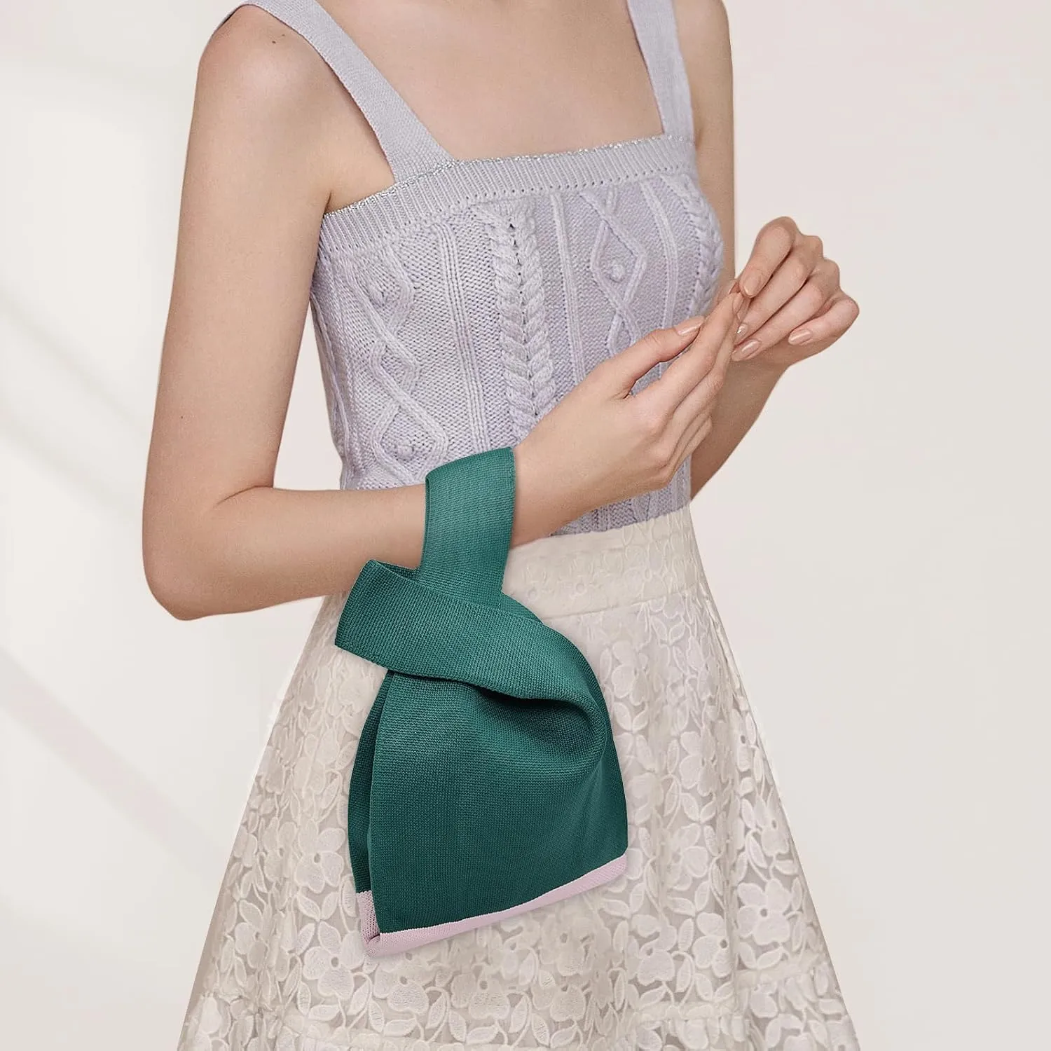 Small Crochet Knit Tote Wrist Bag, Portable Knot Sleeve Handle Bag Cute Wristlet Pouch Purse for Women
