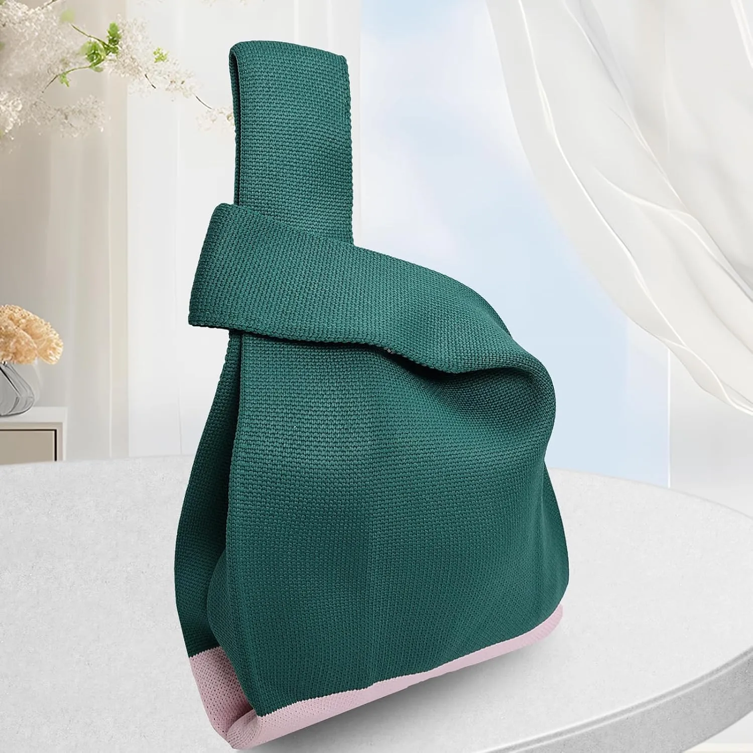 Small Crochet Knit Tote Wrist Bag, Portable Knot Sleeve Handle Bag Cute Wristlet Pouch Purse for Women