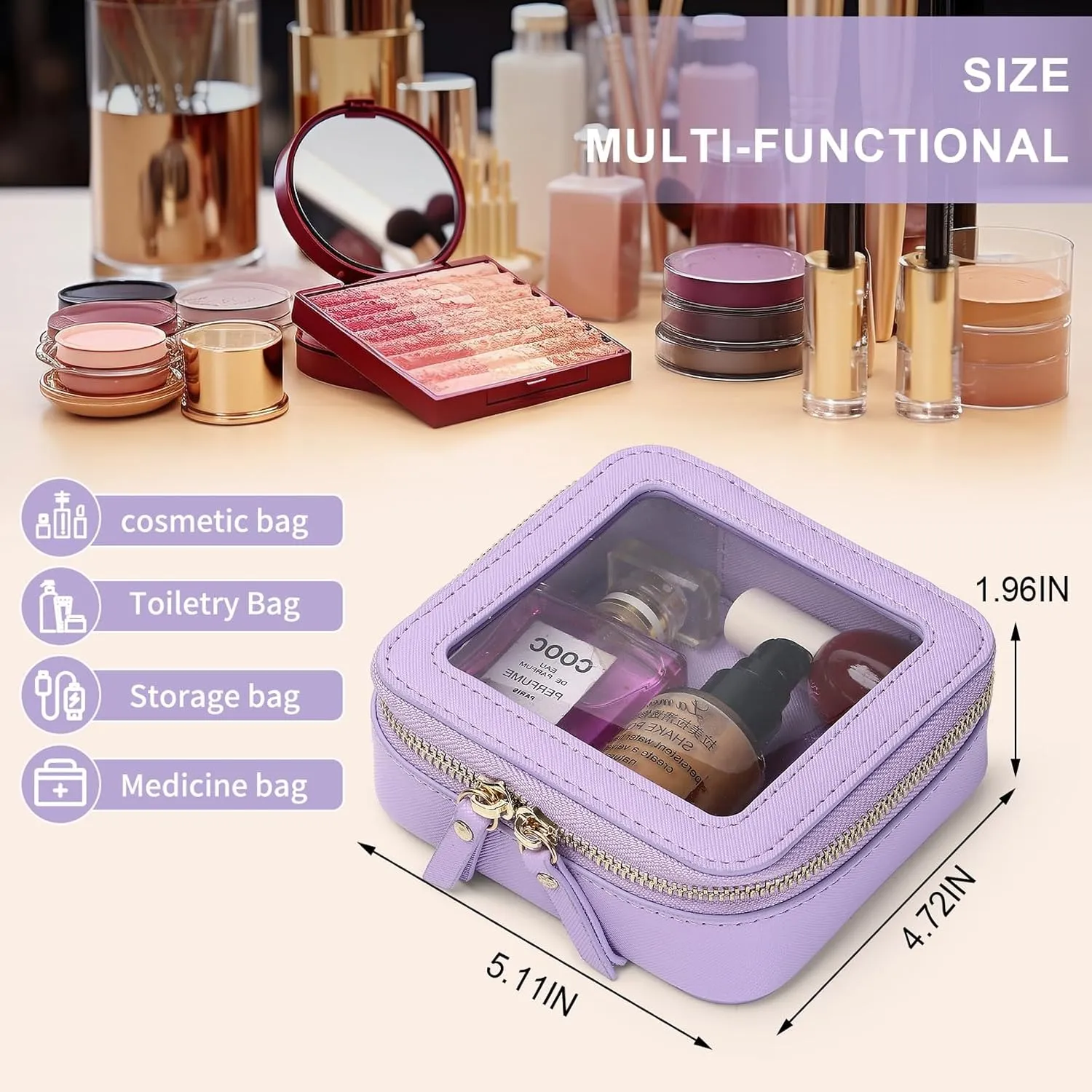 Small Makeup Bag Mini Clear Cosmetic Makeup Case & Toiletry Bag with Zipper Women's Purse Organizer & Car Essentials (X/Purple, MINI)