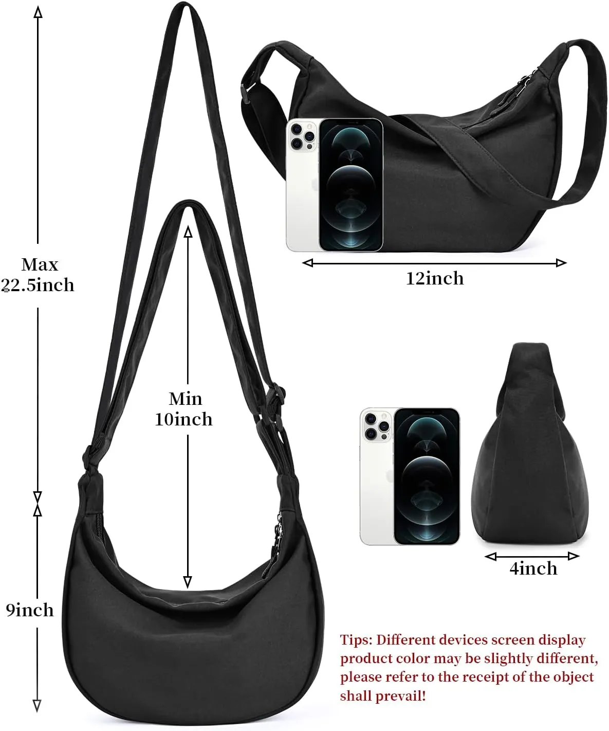 Small Sling Crossbody Bag for Women Men Trendy, Mini Crescent Bag with Adjustable Strap, 2 Zippers Lightweight Nylon Bag