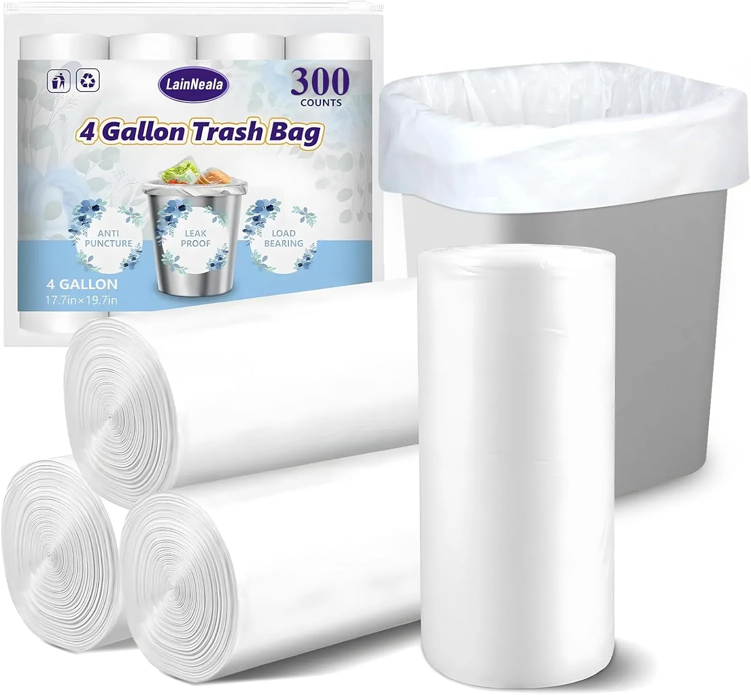 Small Trash Bags 4 Gallon, 300 Count Small Garbage Bag Bathroom White Mini Trash Bag Trash Can Liners Unscented Garbage Bags for Bathroom Can