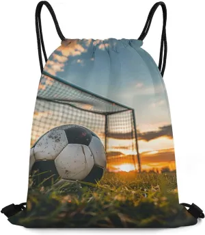 Soccer Ball on Green Huge Football Field Drawstring Backpack Durable String Bag Sports Sackpack Cinch Bags for Gym Travel