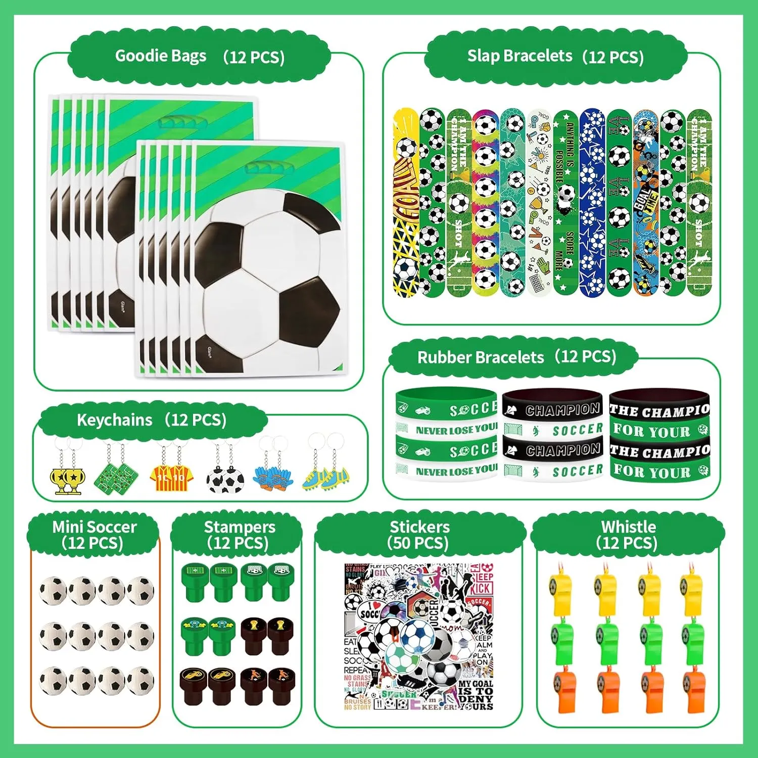 Soccer Party Favors 134 Pcs Birthday Party Decorations With Goodie Bags Stress Ball Wristband Sticker Keychain Stamps Whistle Slaps Bracelets