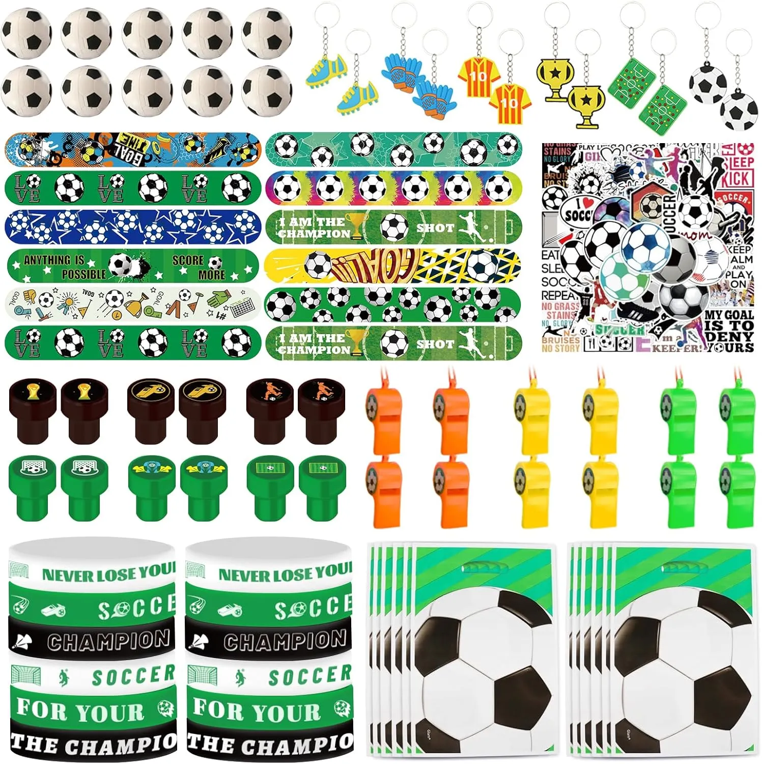 Soccer Party Favors 134 Pcs Birthday Party Decorations With Goodie Bags Stress Ball Wristband Sticker Keychain Stamps Whistle Slaps Bracelets