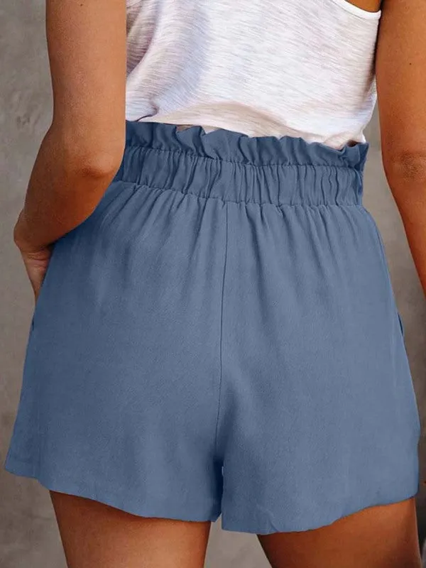 Solid Colour Cotton Blend Tie-Waist Shorts