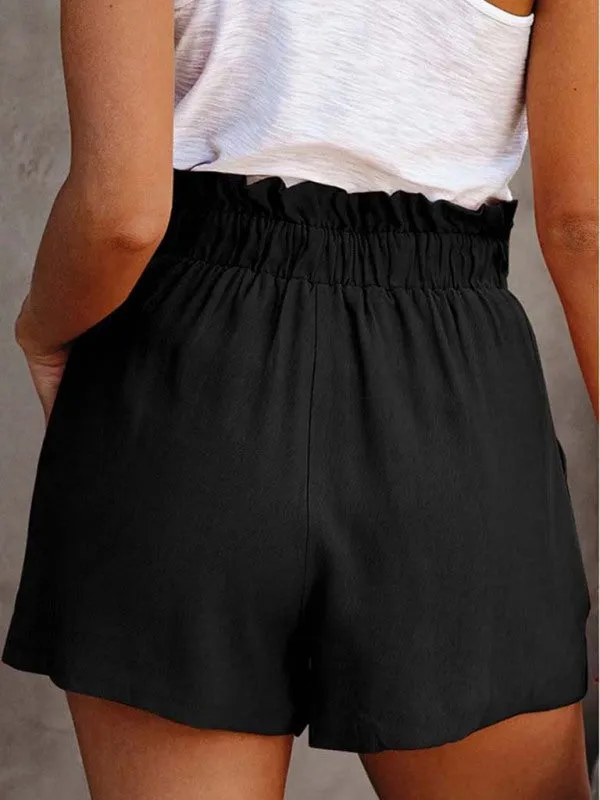 Solid Colour Cotton Blend Tie-Waist Shorts