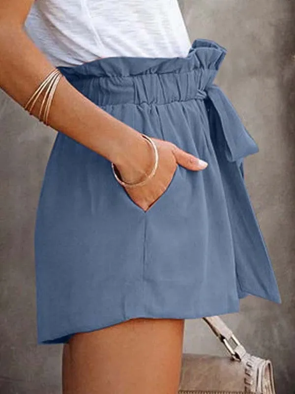 Solid Colour Cotton Blend Tie-Waist Shorts