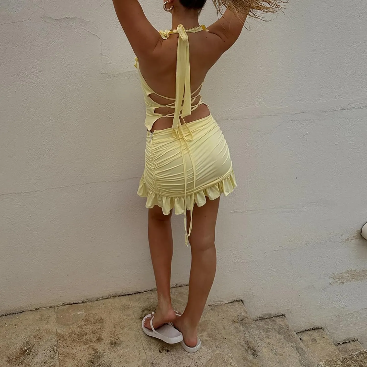 SOLILOQUY Women 2 Piece Skirt Outfit Set Summer Ruffled Deep V Neck Backless Halter Crop Top Bodycon Mini Skirt Beachwear