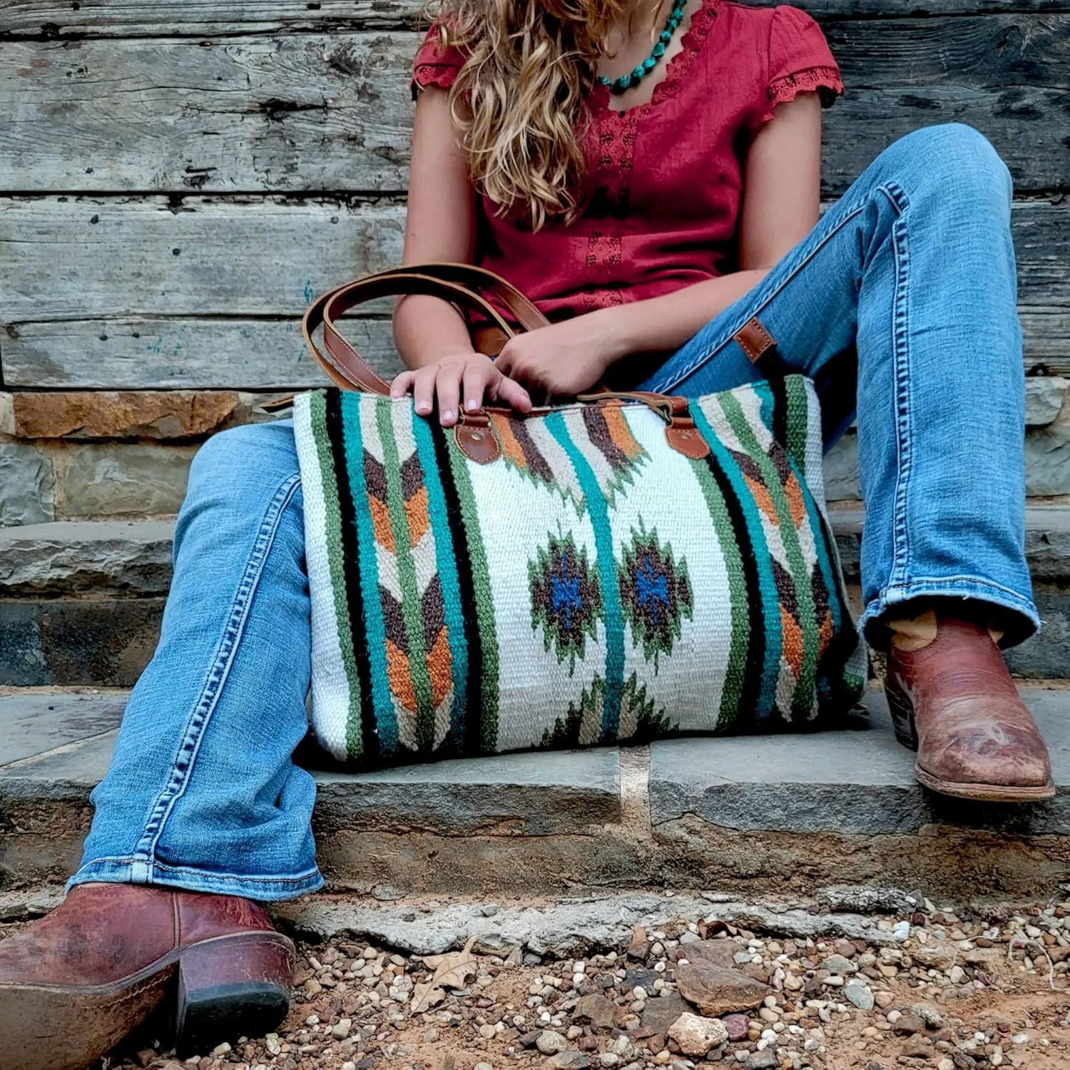Southwestern Large Handcrafted Saddle Blanket Tote Purse (Aspen)