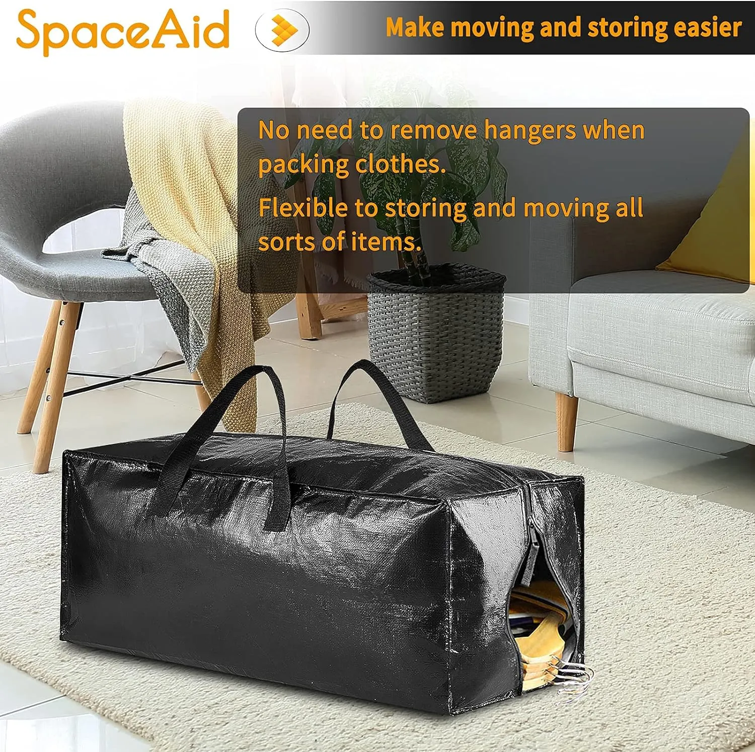 SpaceAid Heavy Duty Moving Bags, Extra Large Storage Totes W/Backpack Straps Strong Handles & Zippers, Alternative to Moving Boxes, Packing & Moving Supplies, Black (6 Pack)
