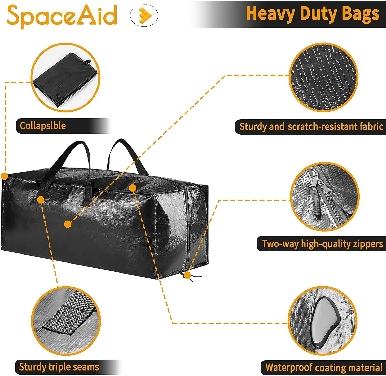 SpaceAid Heavy Duty Moving Bags, Extra Large Storage Totes W/Backpack Straps Strong Handles & Zippers, Alternative to Moving Boxes, Packing & Moving Supplies, Black (6 Pack)