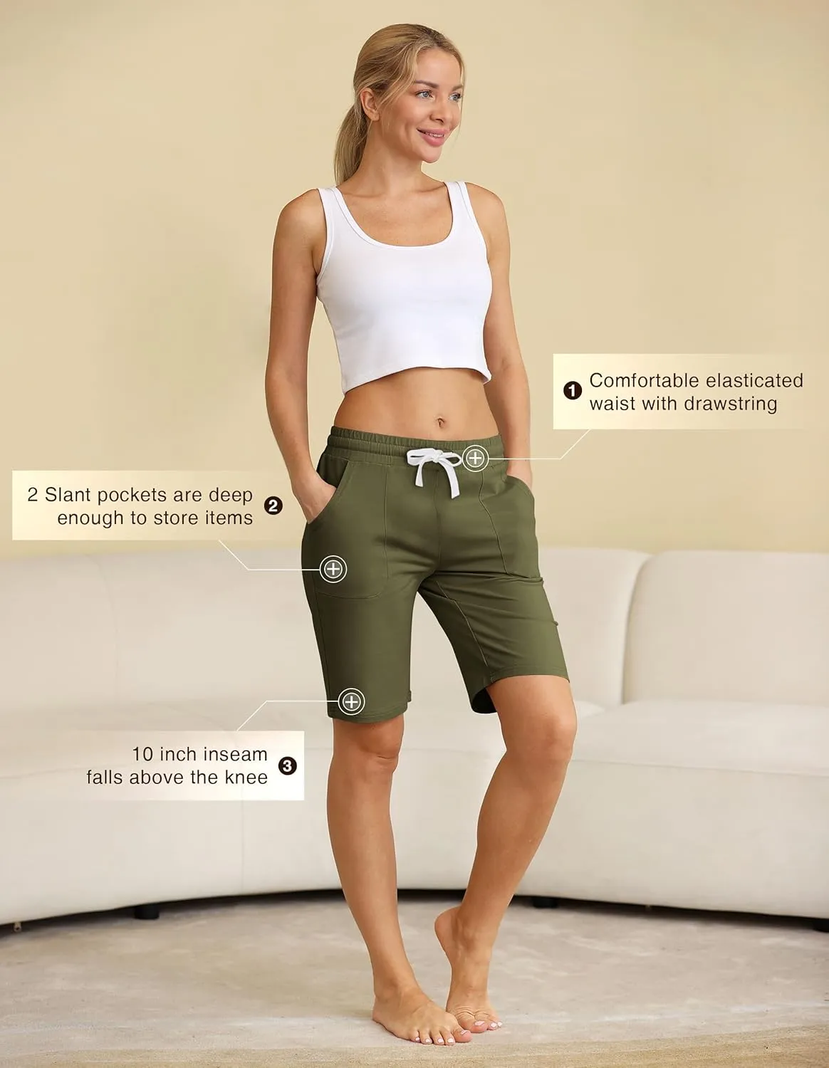 SPECIALMAGIC Cotton Sweat Shorts with Pockets for Women 10" Athletic Lounge Sports Workout Bermuda Knee Shorts
