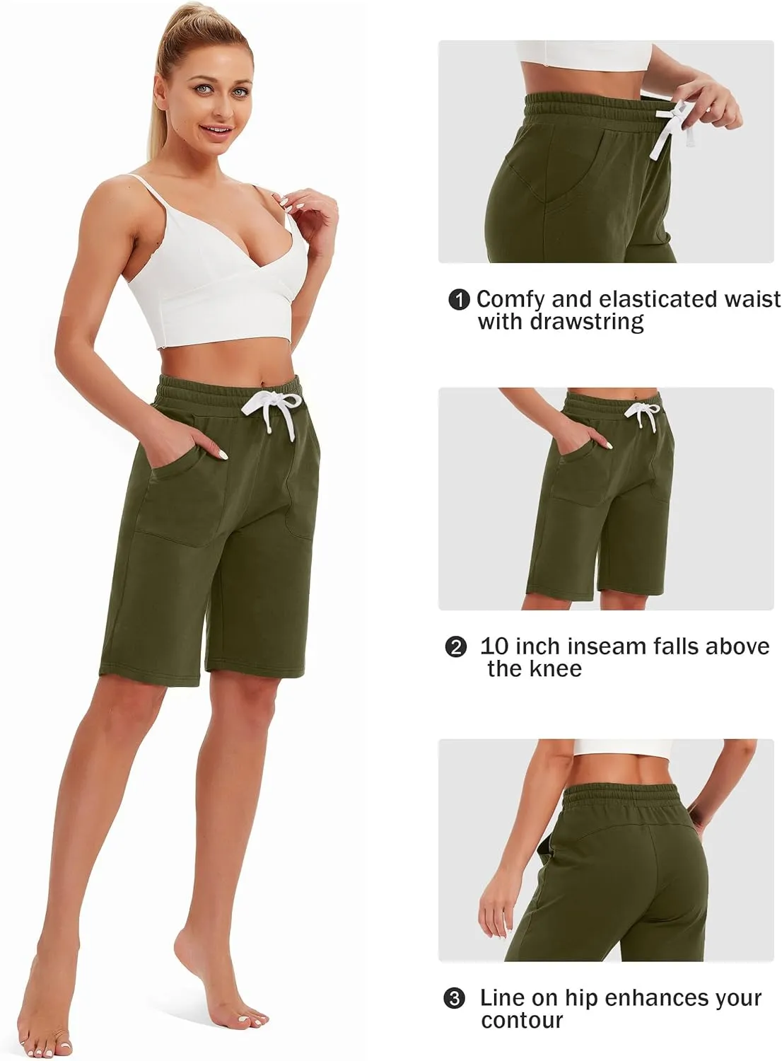 SPECIALMAGIC Cotton Sweat Shorts with Pockets for Women 10" Athletic Lounge Sports Workout Bermuda Knee Shorts