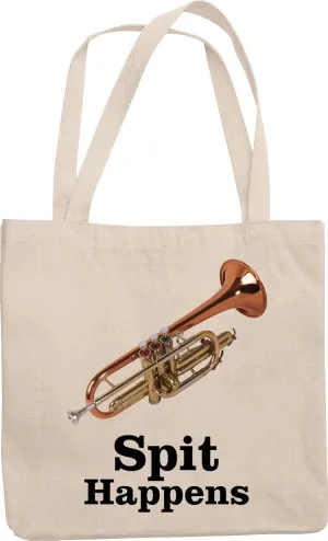 Spit Happens. Cool And Cute Trumpet Reusable Tote Bag For Marching Band Players, Musicians, Artists, Music Conductor, Teens, Students, Moms, Dads, Women And Men