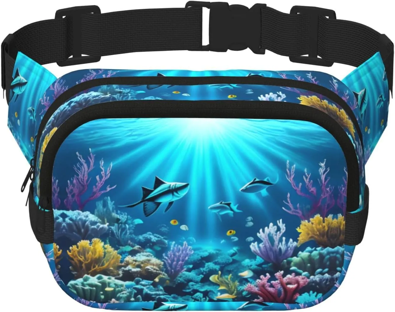 Square Double Layer Waist Bag - Crossbody Bag/Adjustable Strap Chest,for Travel Workout Running print Submarine Coral Rays