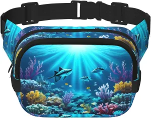 Square Double Layer Waist Bag - Crossbody Bag/Adjustable Strap Chest,for Travel Workout Running print Submarine Coral Rays