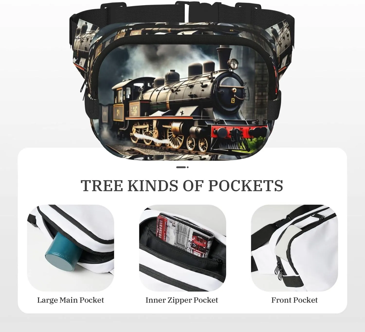 Steam Locomotive Train Everywhere Belt Bag For Women Men, Zipper Pockets Crossbody Fanny For Hiking, Cycling