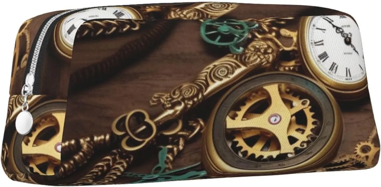 Steampunk Watches Keys and Chains Makeup Bag Travel Toiletry Bag Big Pencil Bag for Women Men Leather Zipper Coin Pouch Purse