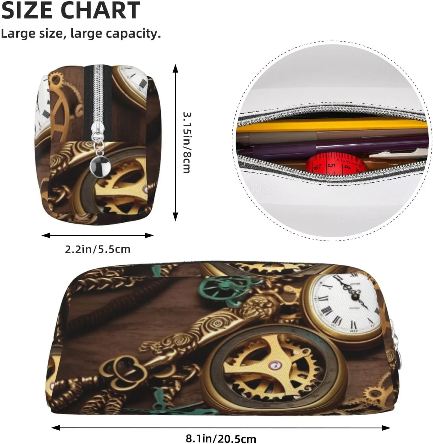 Steampunk Watches Keys and Chains Makeup Bag Travel Toiletry Bag Big Pencil Bag for Women Men Leather Zipper Coin Pouch Purse