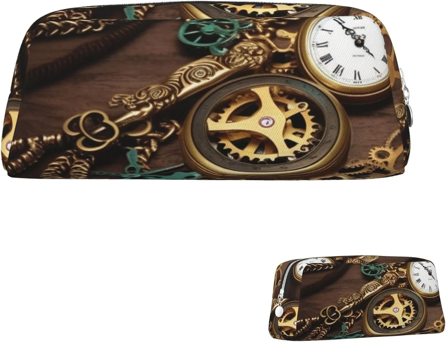 Steampunk Watches Keys and Chains Makeup Bag Travel Toiletry Bag Big Pencil Bag for Women Men Leather Zipper Coin Pouch Purse