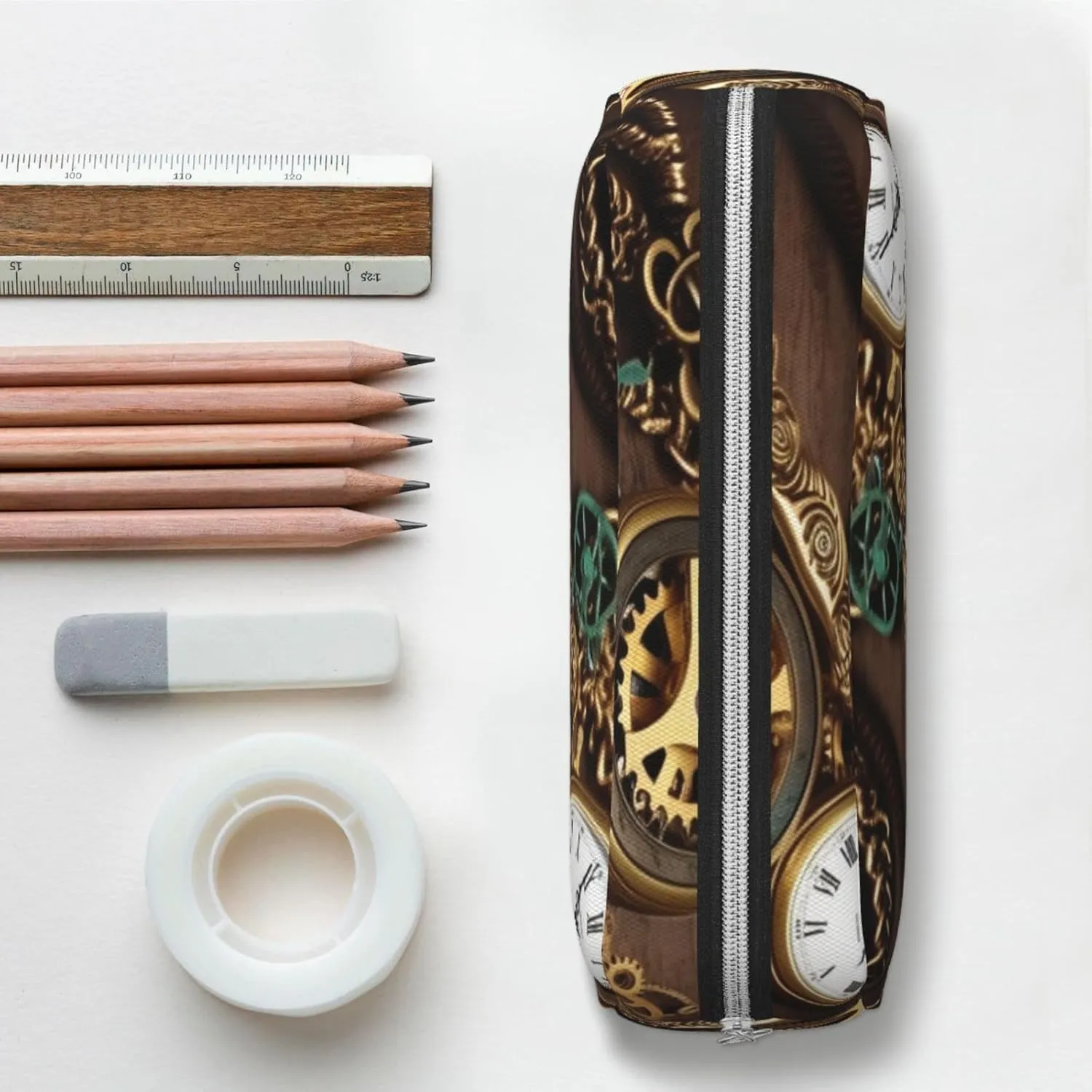 Steampunk Watches Keys and Chains Makeup Bag Travel Toiletry Bag Big Pencil Bag for Women Men Leather Zipper Coin Pouch Purse