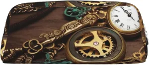 Steampunk Watches Keys and Chains Makeup Bag Travel Toiletry Bag Big Pencil Bag for Women Men Leather Zipper Coin Pouch Purse