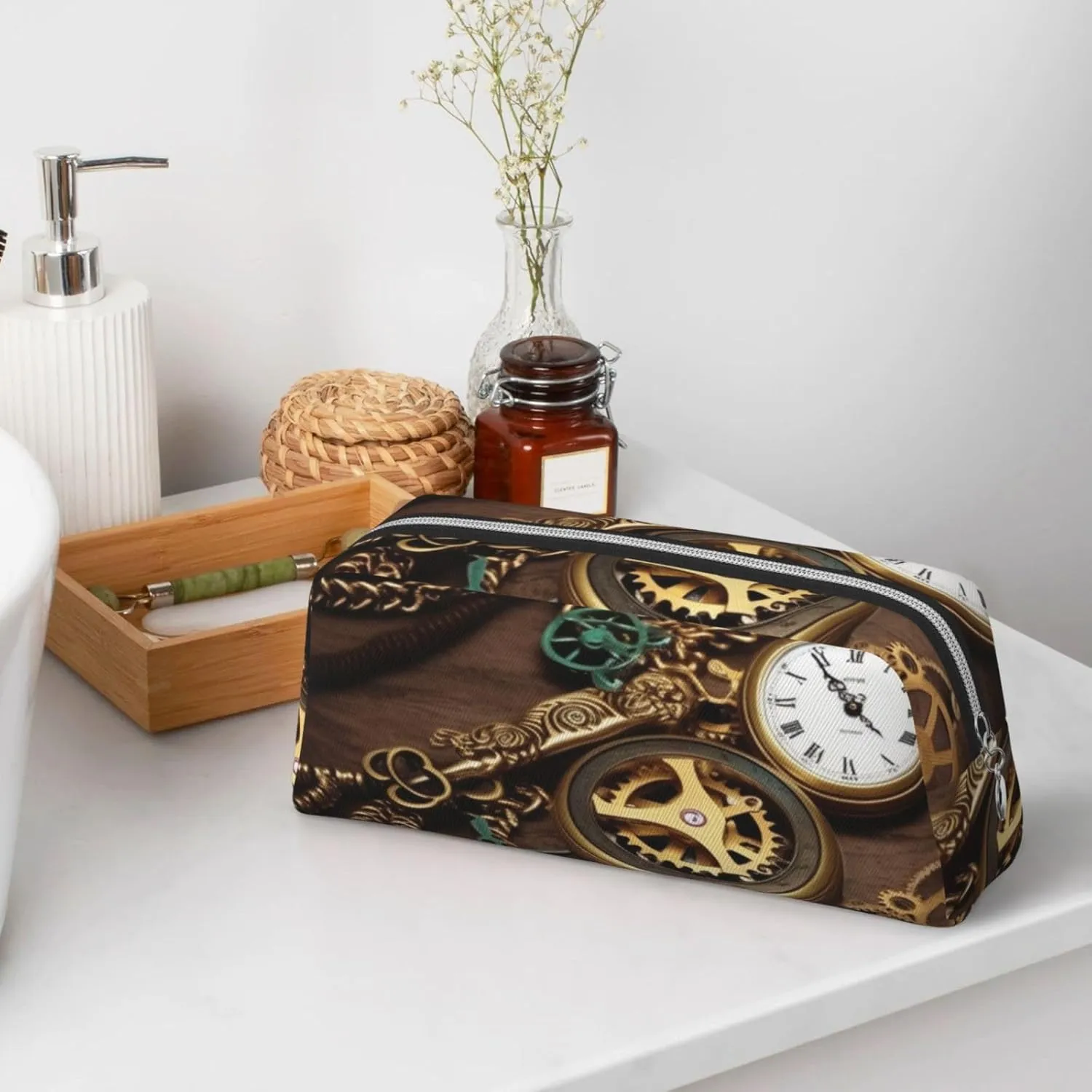 Steampunk Watches Keys and Chains Makeup Bag Travel Toiletry Bag Big Pencil Bag for Women Men Leather Zipper Coin Pouch Purse
