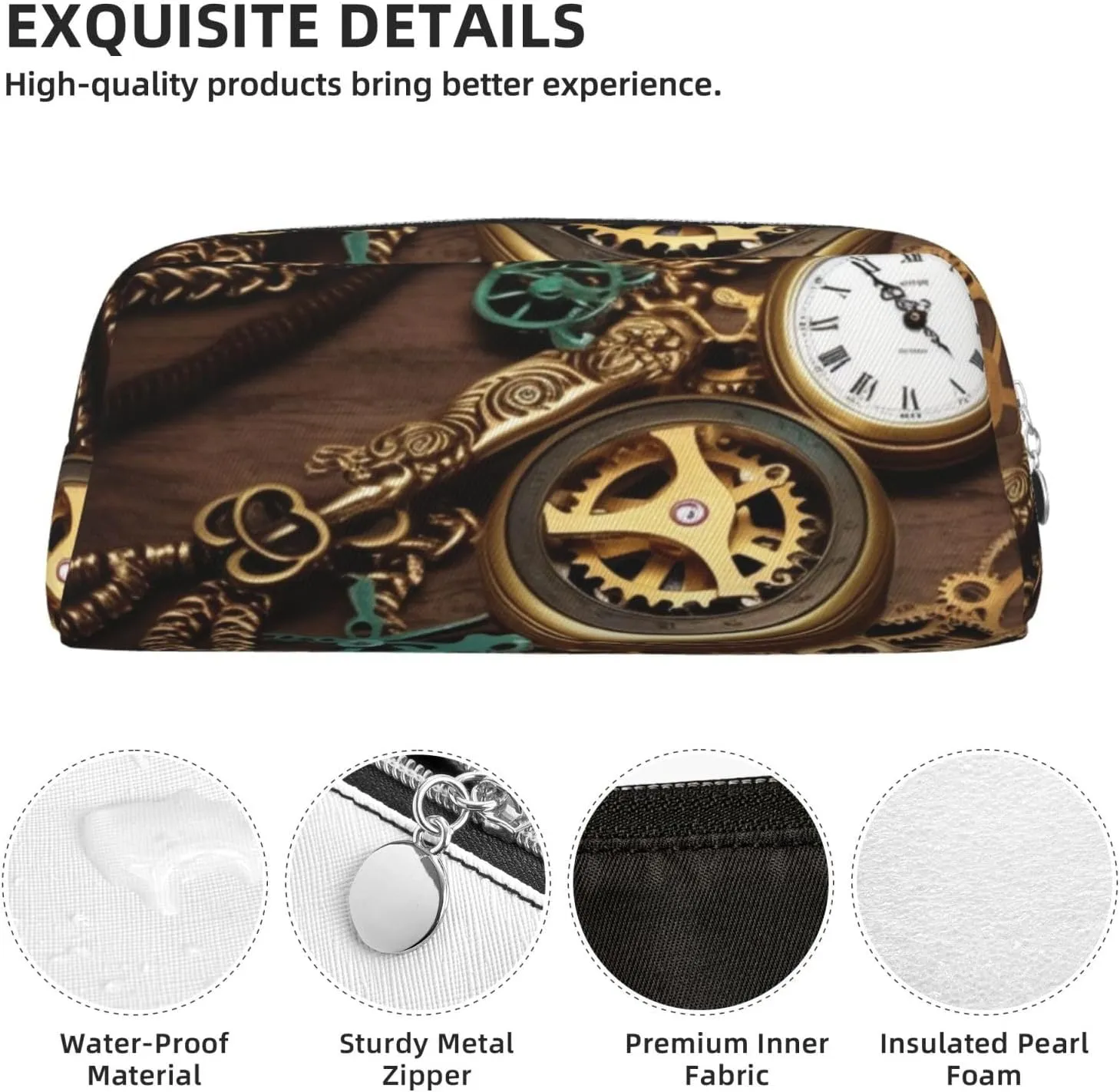 Steampunk Watches Keys and Chains Makeup Bag Travel Toiletry Bag Big Pencil Bag for Women Men Leather Zipper Coin Pouch Purse