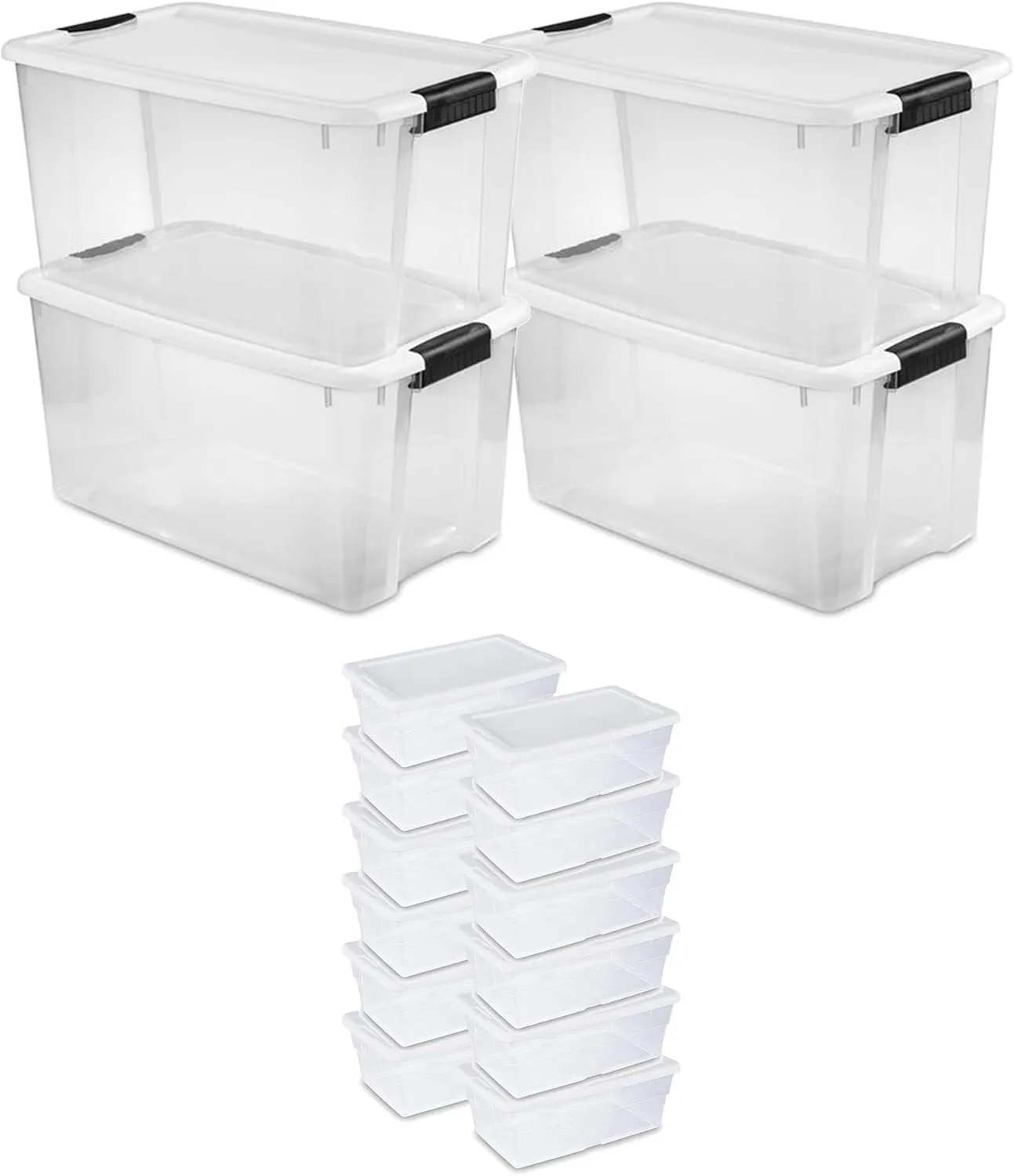 Sterilite 70 Quart Multipurpose Stackable Plastic Latching Lid Storage Tote, 4 Pack & 6 Quart Container Box Bin for Home Organization, Clear 12 Pack