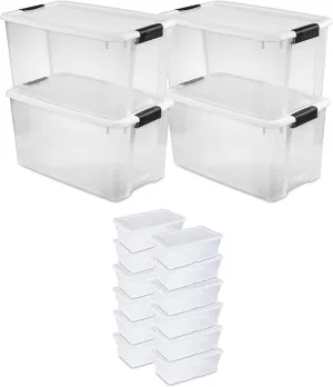 Sterilite 70 Quart Multipurpose Stackable Plastic Latching Lid Storage Tote, 4 Pack & 6 Quart Container Box Bin for Home Organization, Clear 12 Pack
