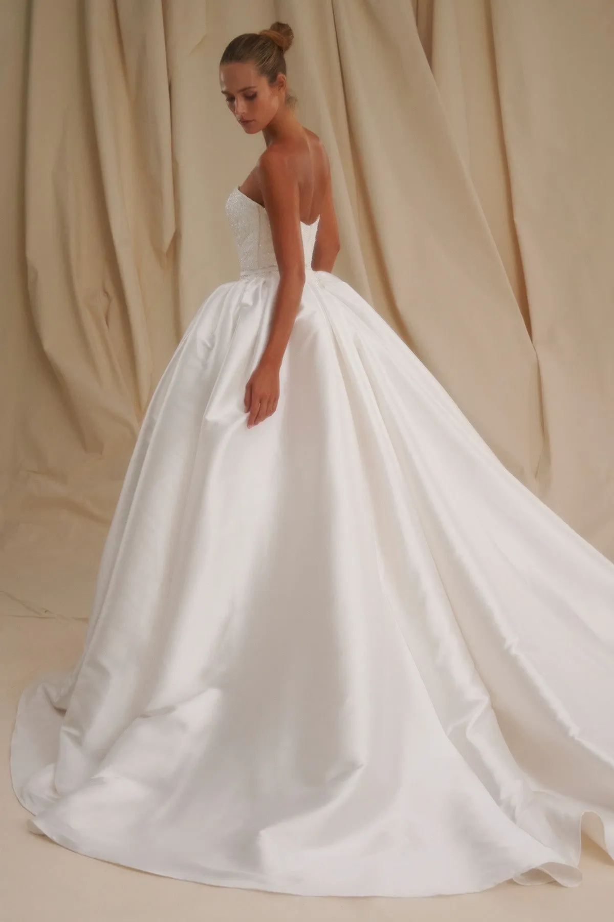 Strapless Basque Waist Gown with Lace Bodice