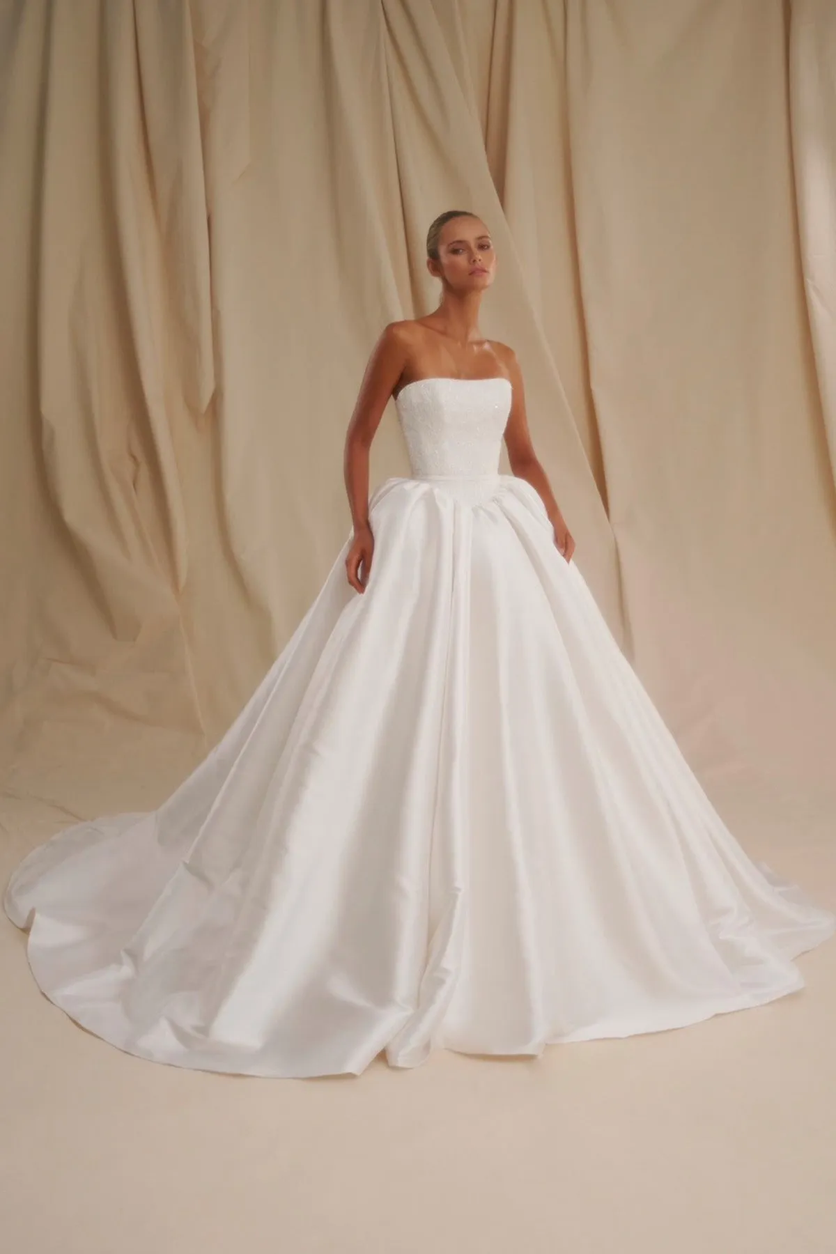 Strapless Basque Waist Gown with Lace Bodice