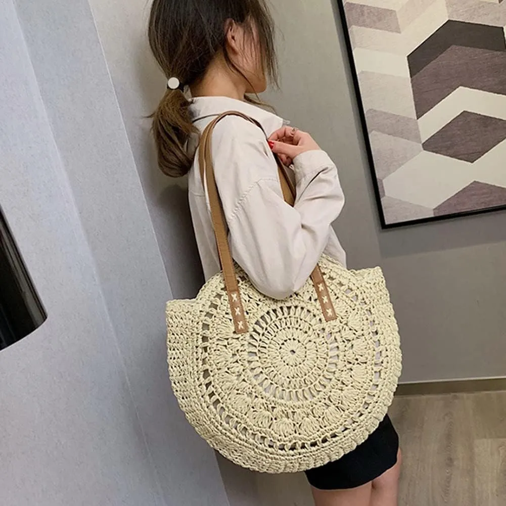 Straw Beach Bag with Zipper Large Woven Summer Boho Tote Handbag Rattan Wicker Purse for Shopping Summer Vacation