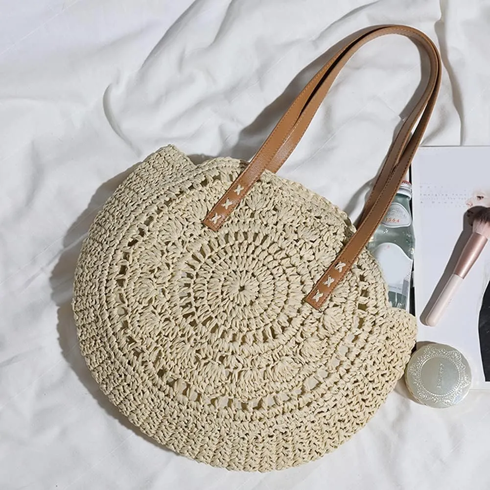 Straw Beach Bag with Zipper Large Woven Summer Boho Tote Handbag Rattan Wicker Purse for Shopping Summer Vacation