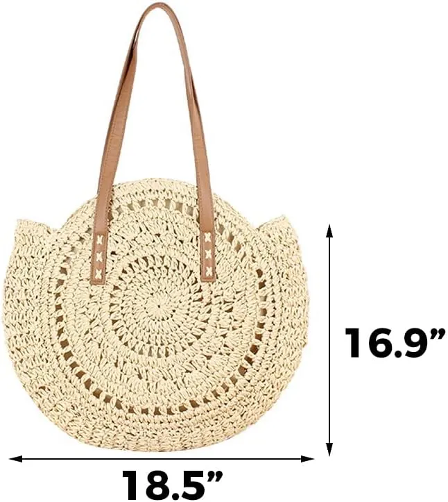 Straw Beach Bag with Zipper Large Woven Summer Boho Tote Handbag Rattan Wicker Purse for Shopping Summer Vacation