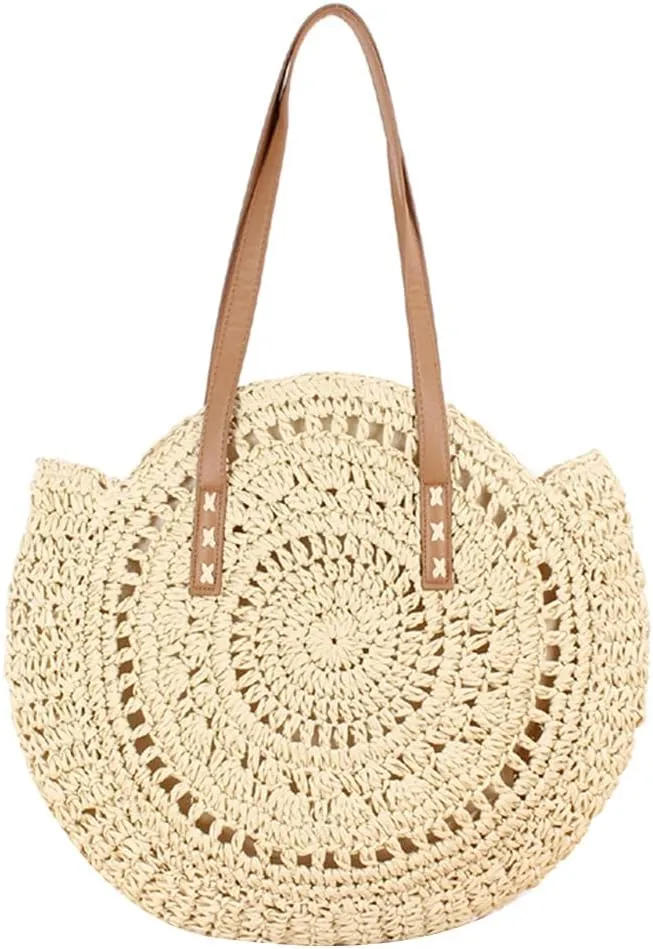 Straw Beach Bag with Zipper Large Woven Summer Boho Tote Handbag Rattan Wicker Purse for Shopping Summer Vacation