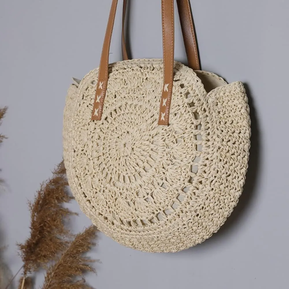 Straw Beach Bag with Zipper Large Woven Summer Boho Tote Handbag Rattan Wicker Purse for Shopping Summer Vacation