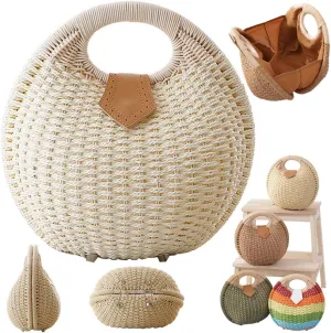 Straw Handbag,Women Hand Woven Tote,Beach Rattan Tote Bag,Retro Shell Bag