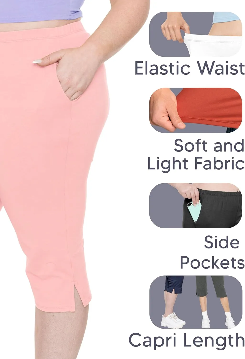 STRETCH IS COMFORT Women’s and Plus Size Cotton Straight Leg Cropped Pants with Pockets | Soft and Casual | S-5XL