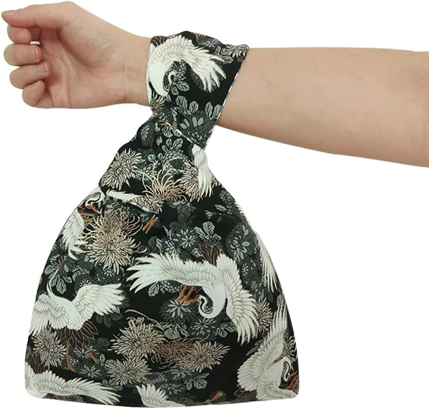 Stylish Cotton Japanese Pattern Wrist Bag Sleeve Knot Pouch Portable Canvas Tote Purse for Female, Women