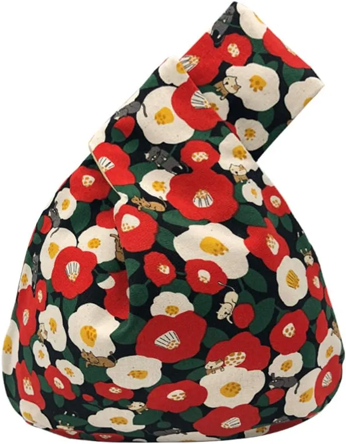 Stylish Cotton Japanese Pattern Wrist Bag Sleeve Knot Pouch Portable Canvas Tote Purse for Female, Women