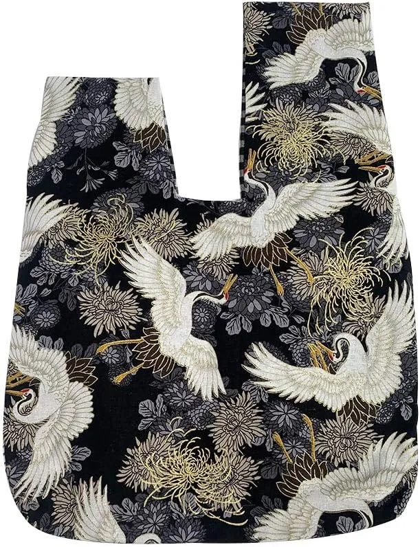 Stylish Cotton Japanese Pattern Wrist Bag Sleeve Knot Pouch Portable Canvas Tote Purse for Female, Women