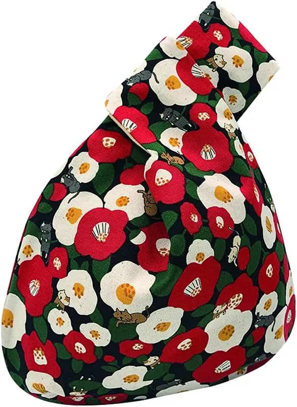 Stylish Cotton Japanese Pattern Wrist Bag Sleeve Knot Pouch Portable Canvas Tote Purse for Female, Women