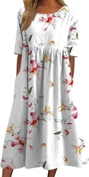 Summer Boho Floral Print Short Sleeve Dresses 2025 Women's Casual Relaxed Flowy Vintage Maxi Sundress with Pockets