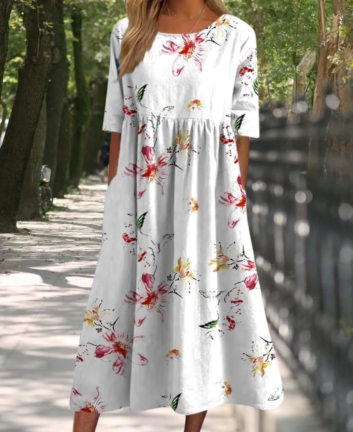 Summer Boho Floral Print Short Sleeve Dresses 2025 Women's Casual Relaxed Flowy Vintage Maxi Sundress with Pockets