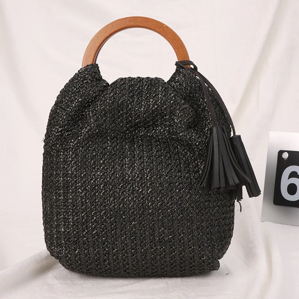 Summer Straw Handbag Wooden Handle Large Capacity Paper Rope Woven Straw Bag Fashion Summer Vacation Travel Beach Bag